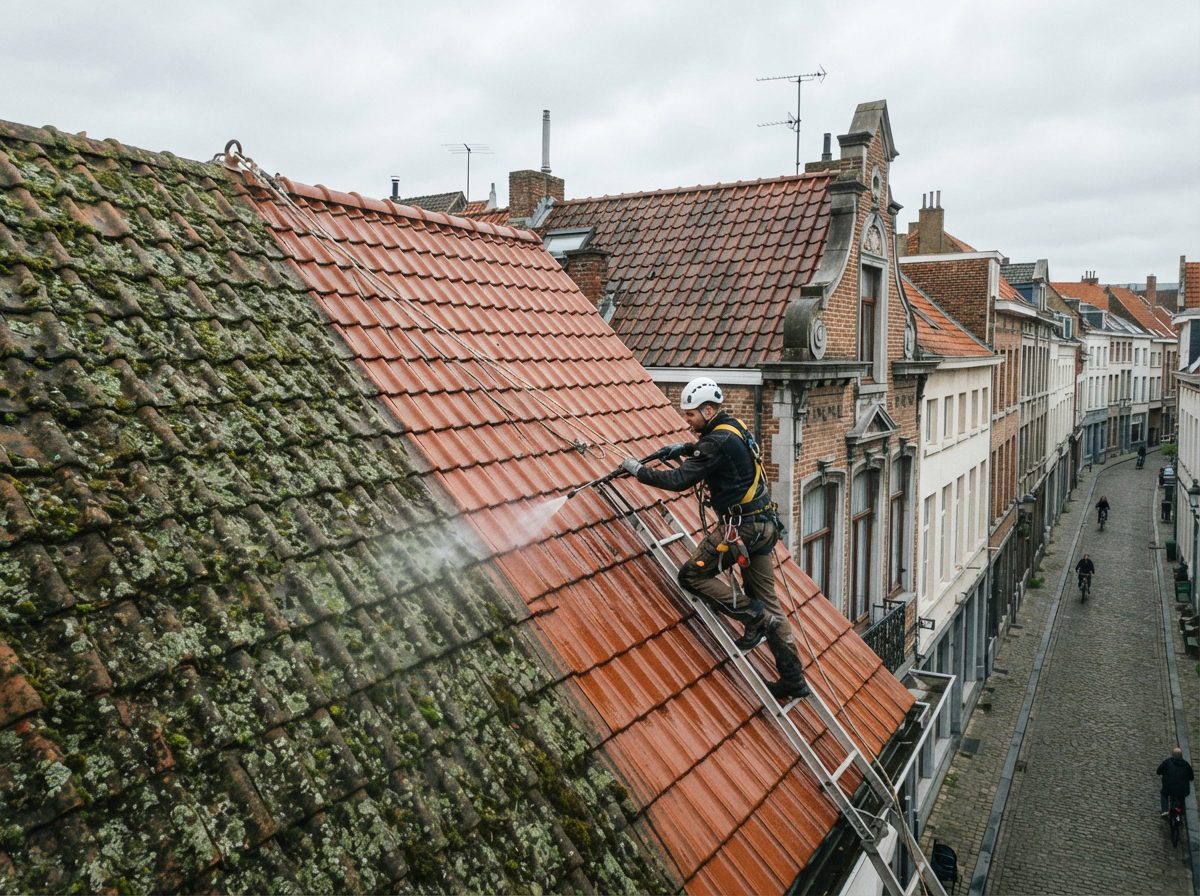 Dak ontmossen in Gent
