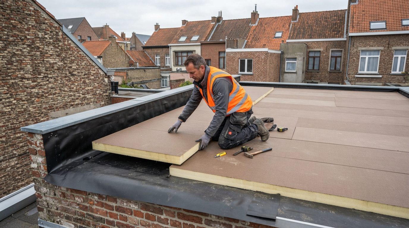 Plaatsing van isolatieplaten boven het dampscherm van een plat dak. 2 Plaatsing van isolatieplaten boven het dampscherm van een plat dak.