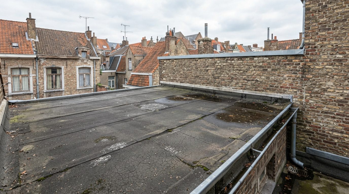 Roofing bij renovatie van een bestaand plat dak Verouderde roofing op het platte dak van een Gentse stadswoning.