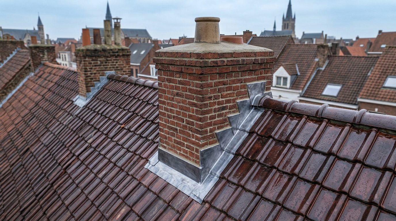 aansluiting-dak-schoorsteen-herstellen Vernieuwde waterdichte aansluiting tussen schoorsteen en pannendak.
