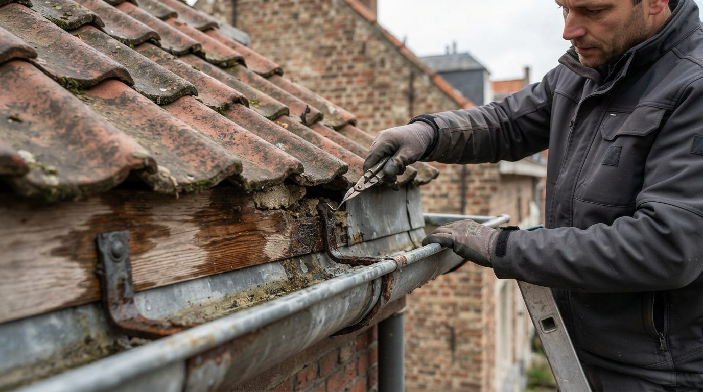 aansluiting-dakgoot-dak-gent Inspectie van de aansluiting tussen een pannendak en dakgoot.