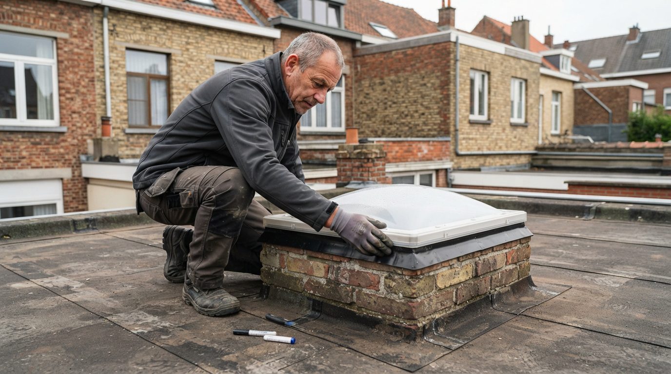 Controle van de waterdichte aansluiting rond een lichtkoepel.