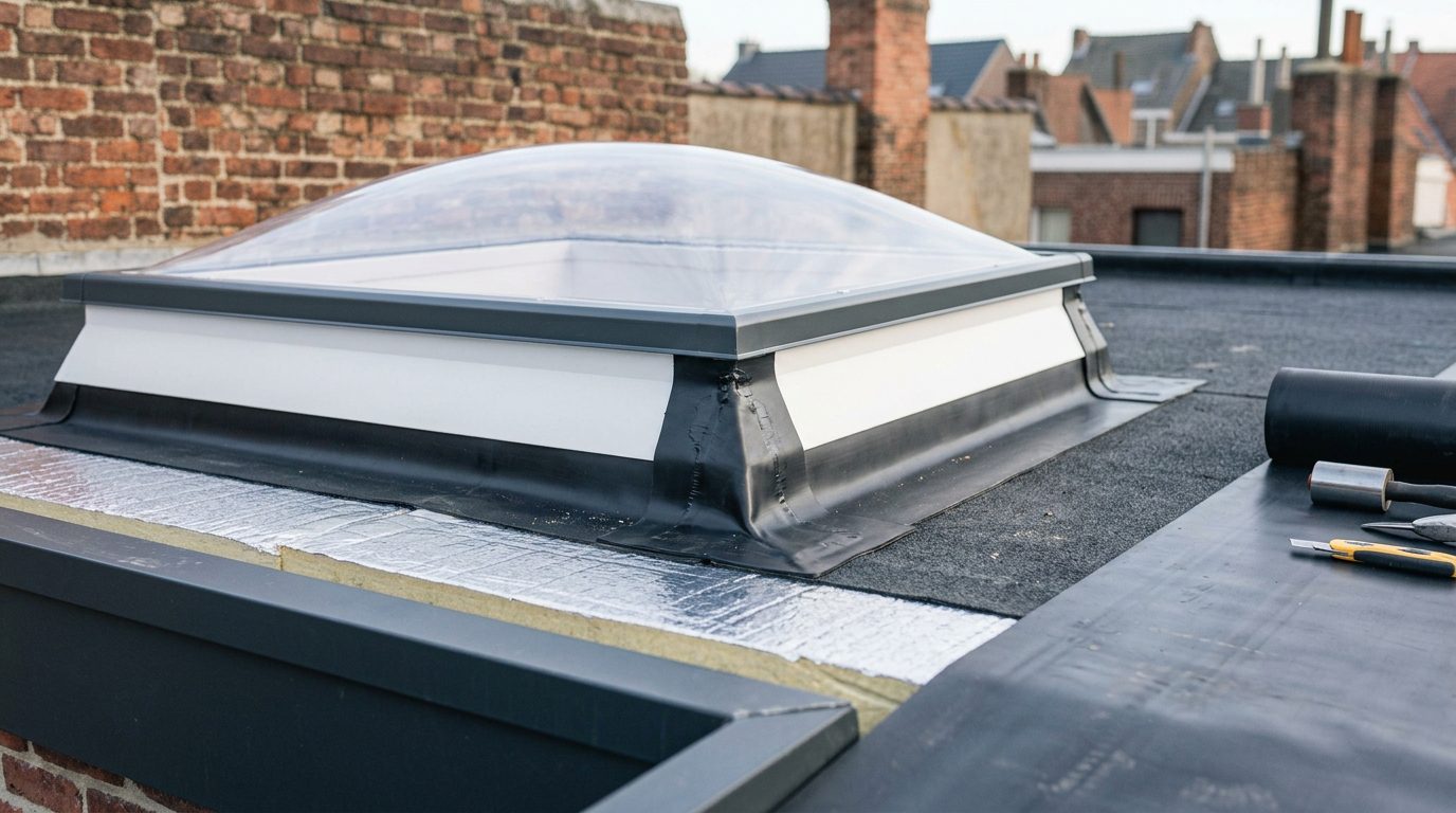aansluiting-lichtkoepel-plat-dak Waterdichte aansluiting van een lichtkoepel op een plat dak.
