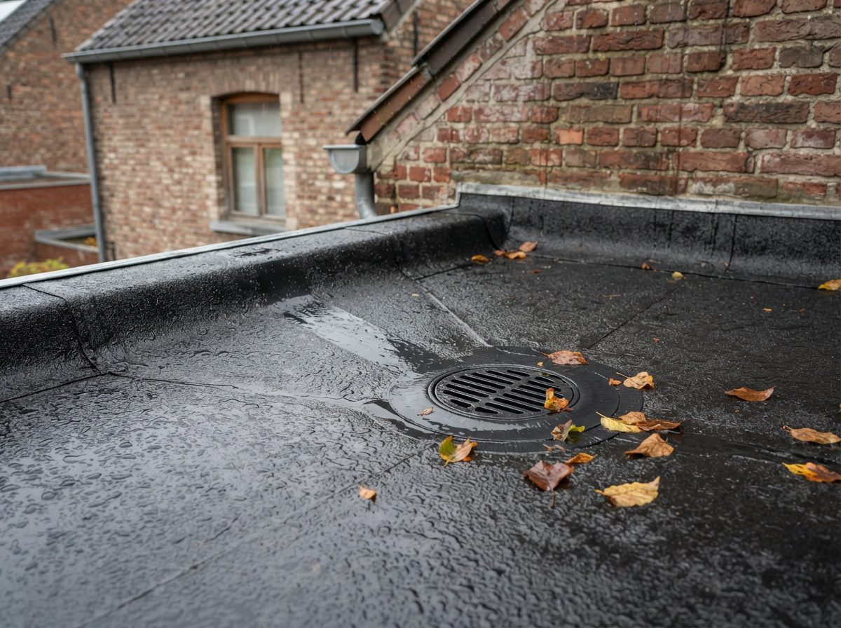 afwatering-roofing-plat-dak Regenwater stroomt naar de afvoer van een plat roofing dak.