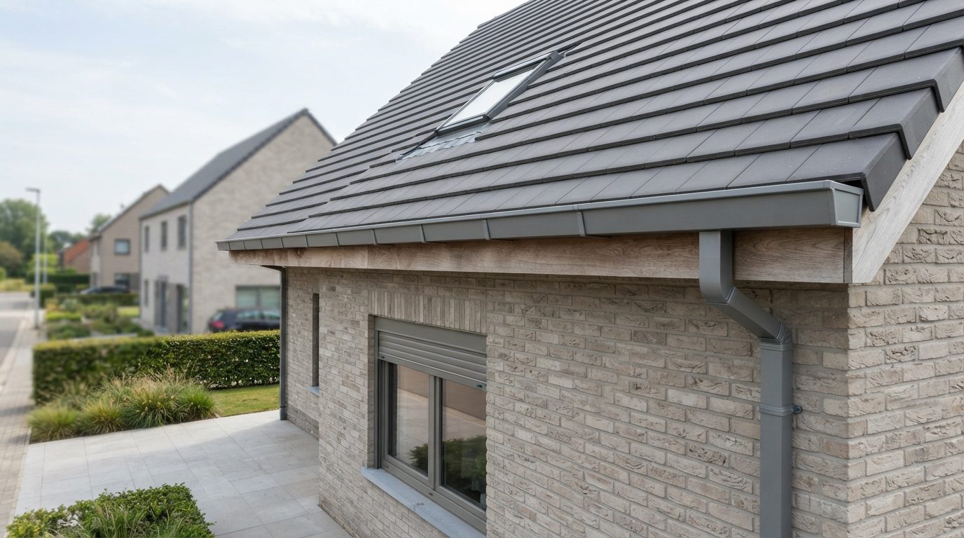 aluminium-dakgoot-gent 2 Aluminium dakgoot aan een recentere Vlaamse woning.