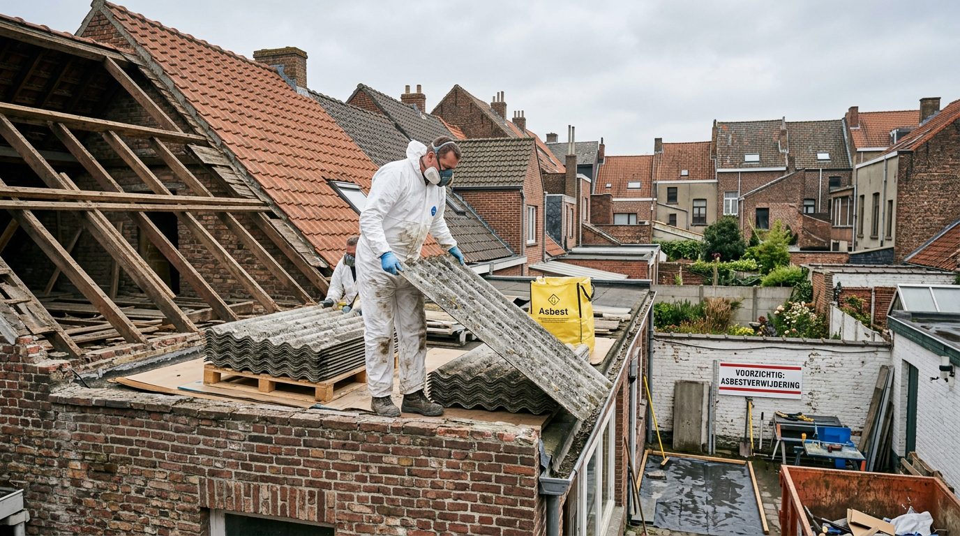 Dakwerker verwijdert voorzichtig oude asbestcementen dakplaten van een Gentse woning.