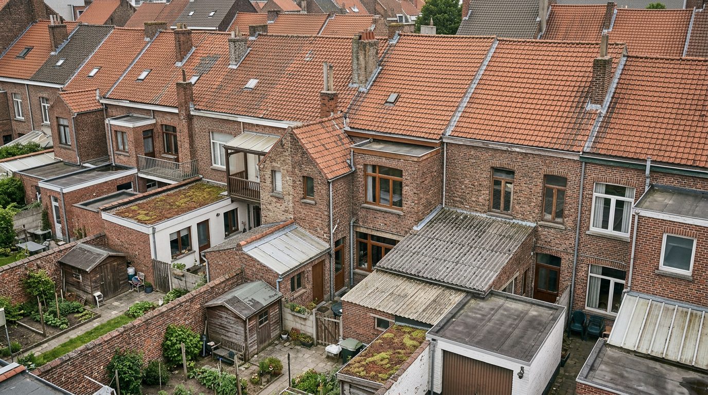 Achterzijde van oudere Gentse rijwoningen met verschillende soorten dakbedekking.