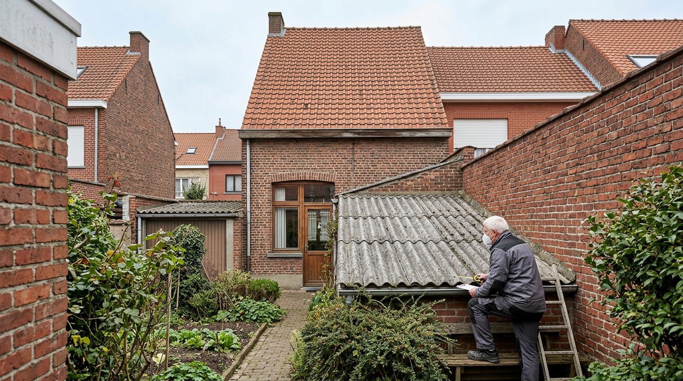 Lage achterbouw met oude golfplaten bij een gesloten rijwoning in Gentbrugge.