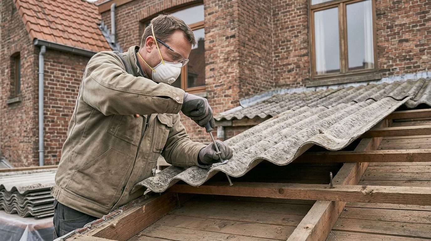 Dakwerker maakt een oude golfplaat voorzichtig en intact los van de dakconstructie.