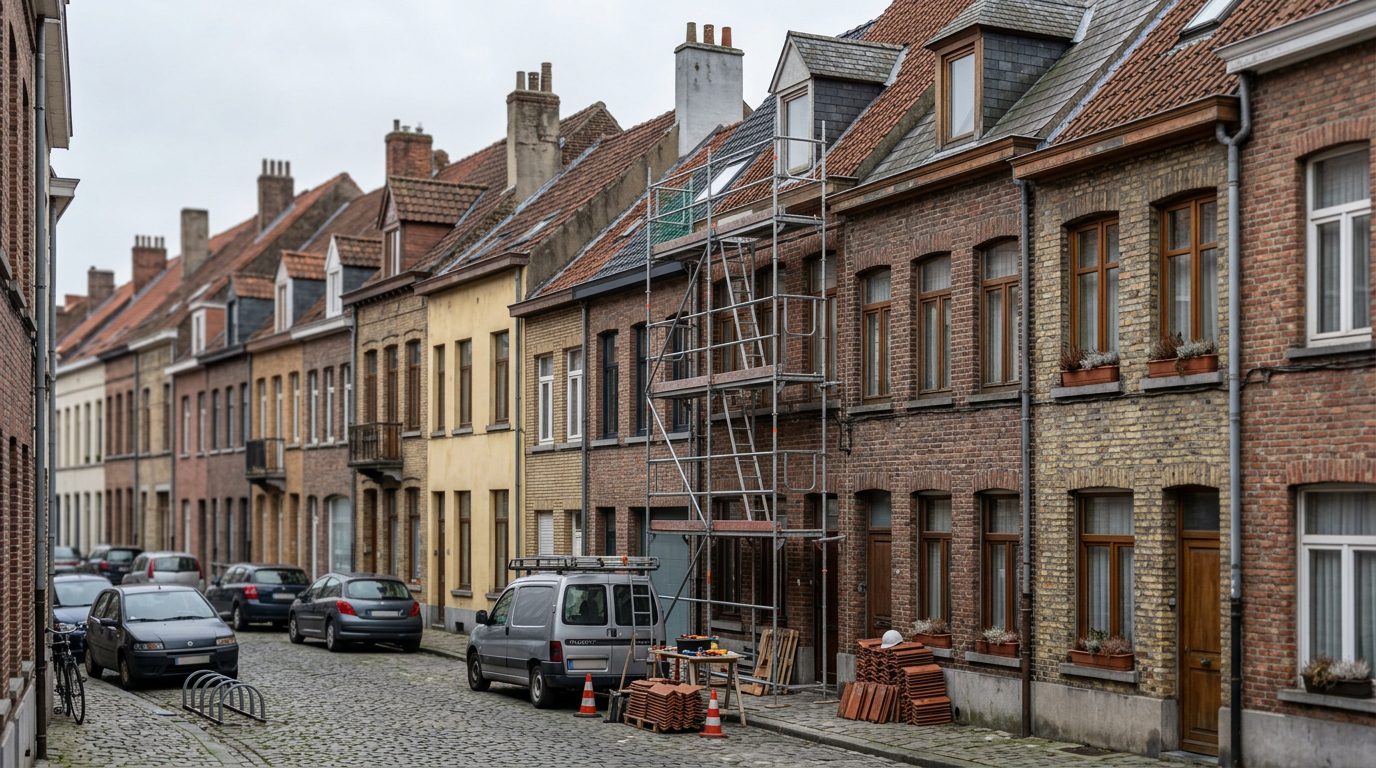 Compacte dakwerf met steiger bij een rijwoning in een Gentse straat.
