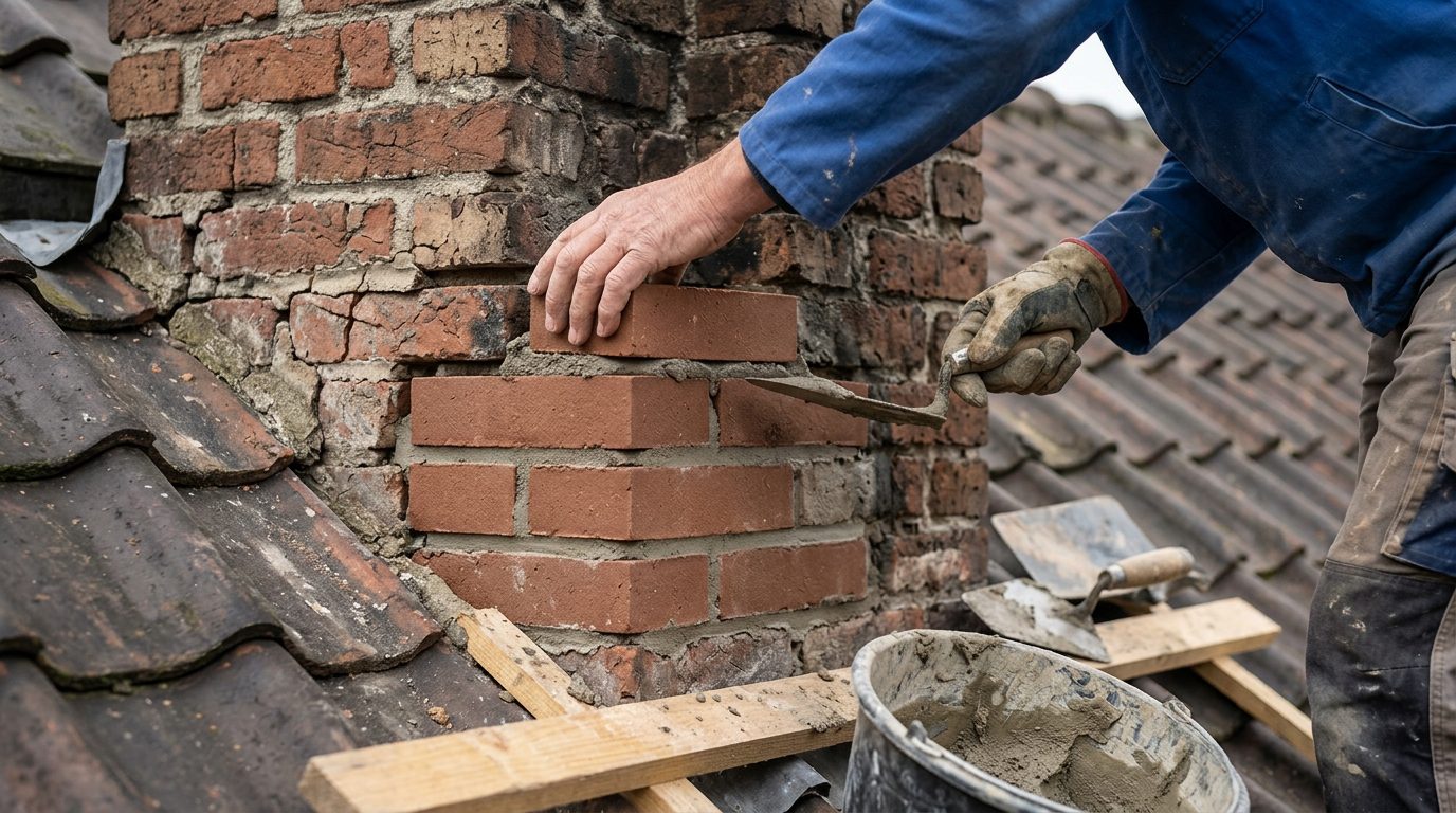 bakstenen-schoorsteen-vervangen Beschadigde bakstenen van een schoorsteen worden vervangen.