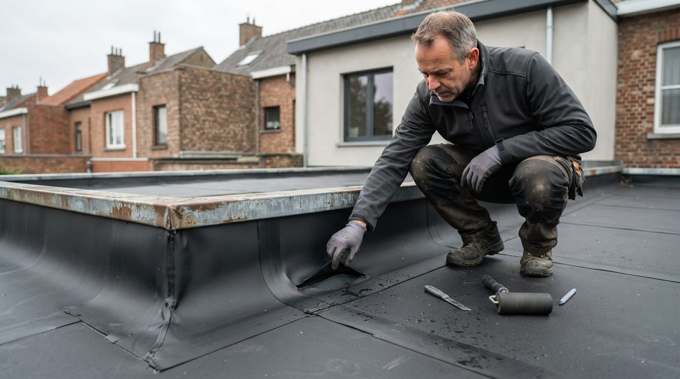 Dakwerker inspecteert een plaatselijke beschadiging in EPDM.