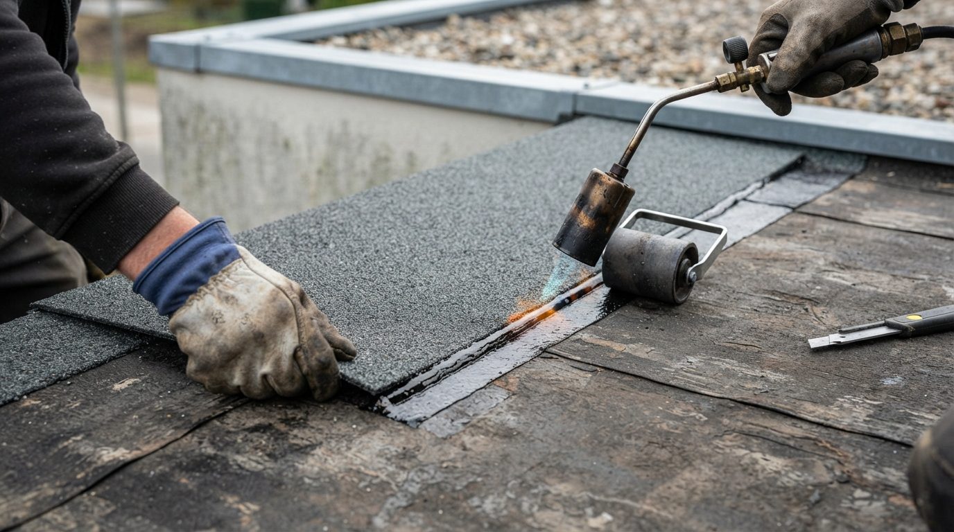 Plaatselijke reparatie van beschadigde bitumineuze dakbedekking.