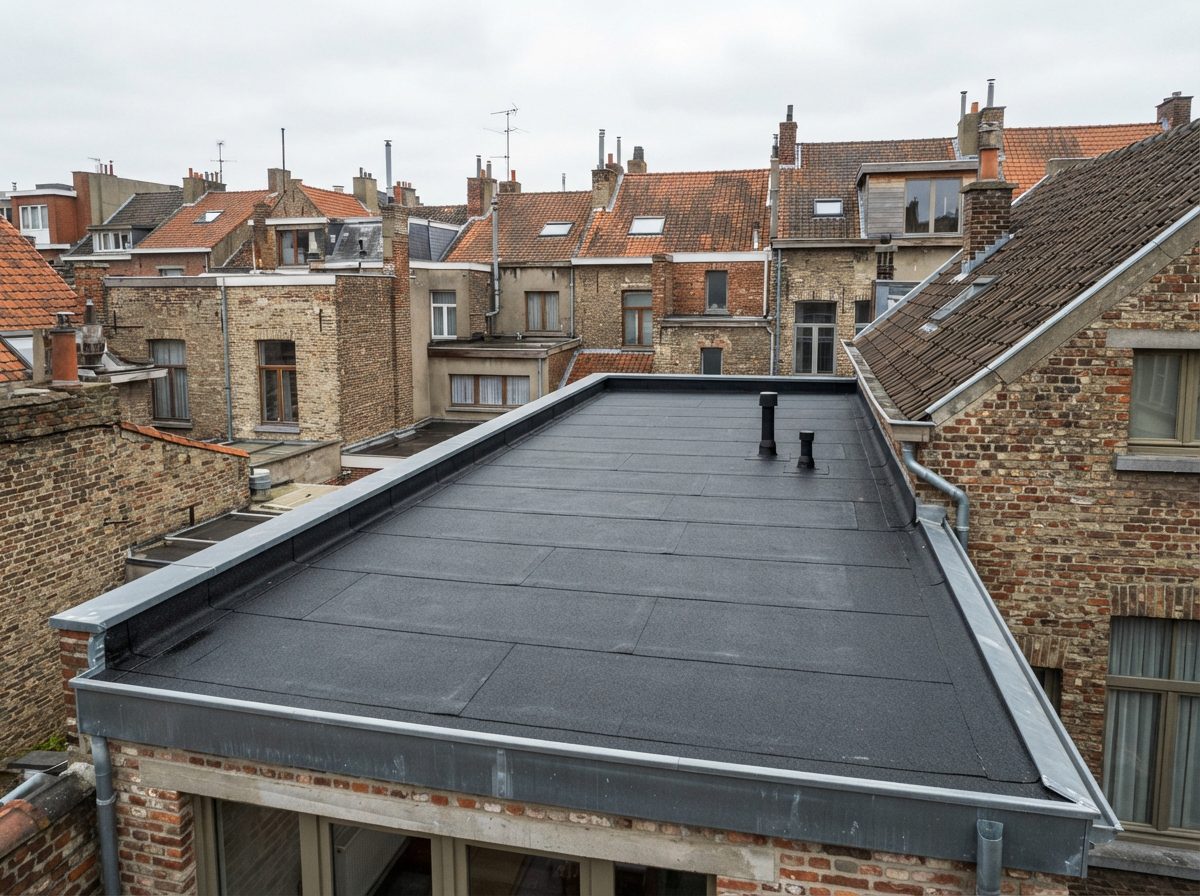 bitumineuze-roofing-dakbedekking Detail van bitumineuze roofing met correct afgewerkte naden.