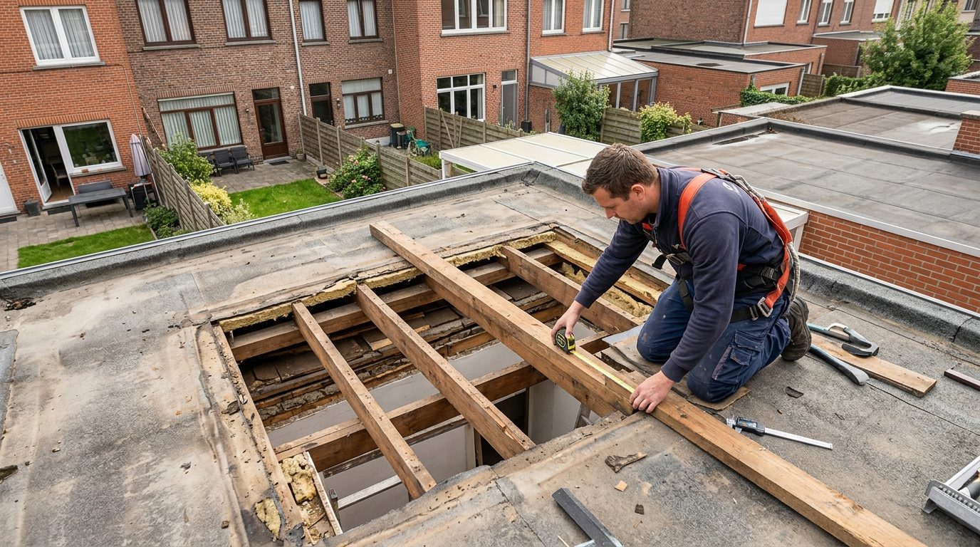 dakconstructie-controleren-voor-lichtstraat Controle van een bestaande platte dakconstructie voor de plaatsing van een lichtstraat.