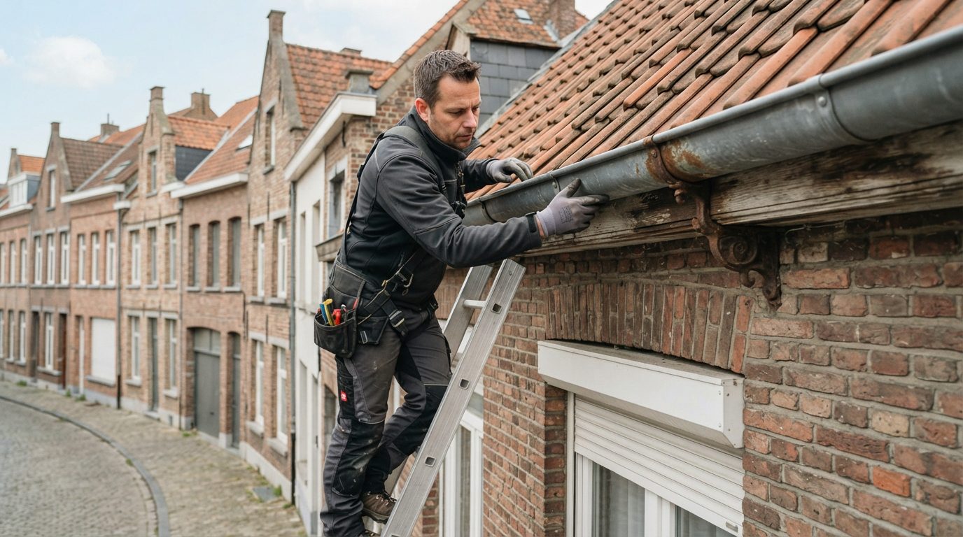 dakgoot-bestaande-situatie-controleren-gent Dakwerker controleert een bestaande dakgoot en dakrand aan een Gentse woning.