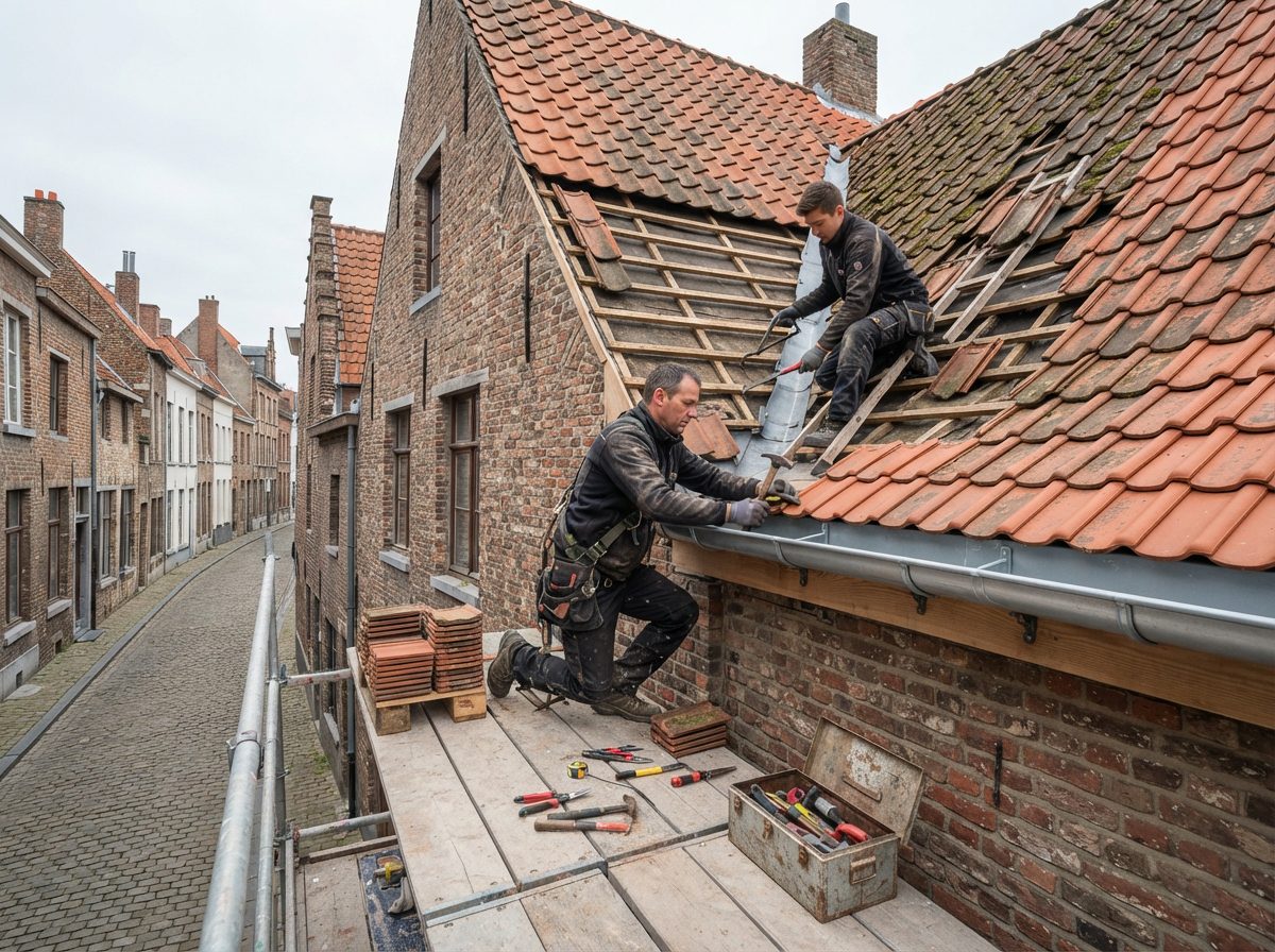 dakgoot-dakrenovatie-gent Nieuwe dakgoot wordt geplaatst tijdens de renovatie van een hellend dak.