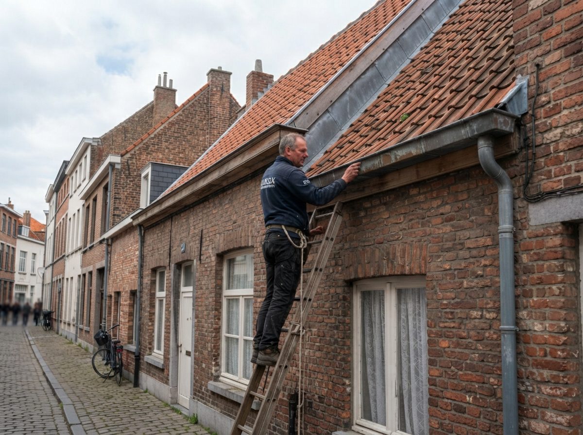dakgoot-gent Dakwerker inspecteert de dakgoot van een Gentse rijwoning.