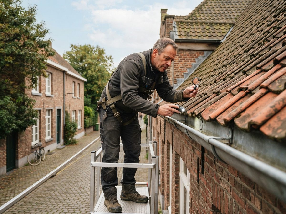 dakgoot-inspectie-gent Dakwerker inspecteert preventief de dakgoot en dakrand van een woning.