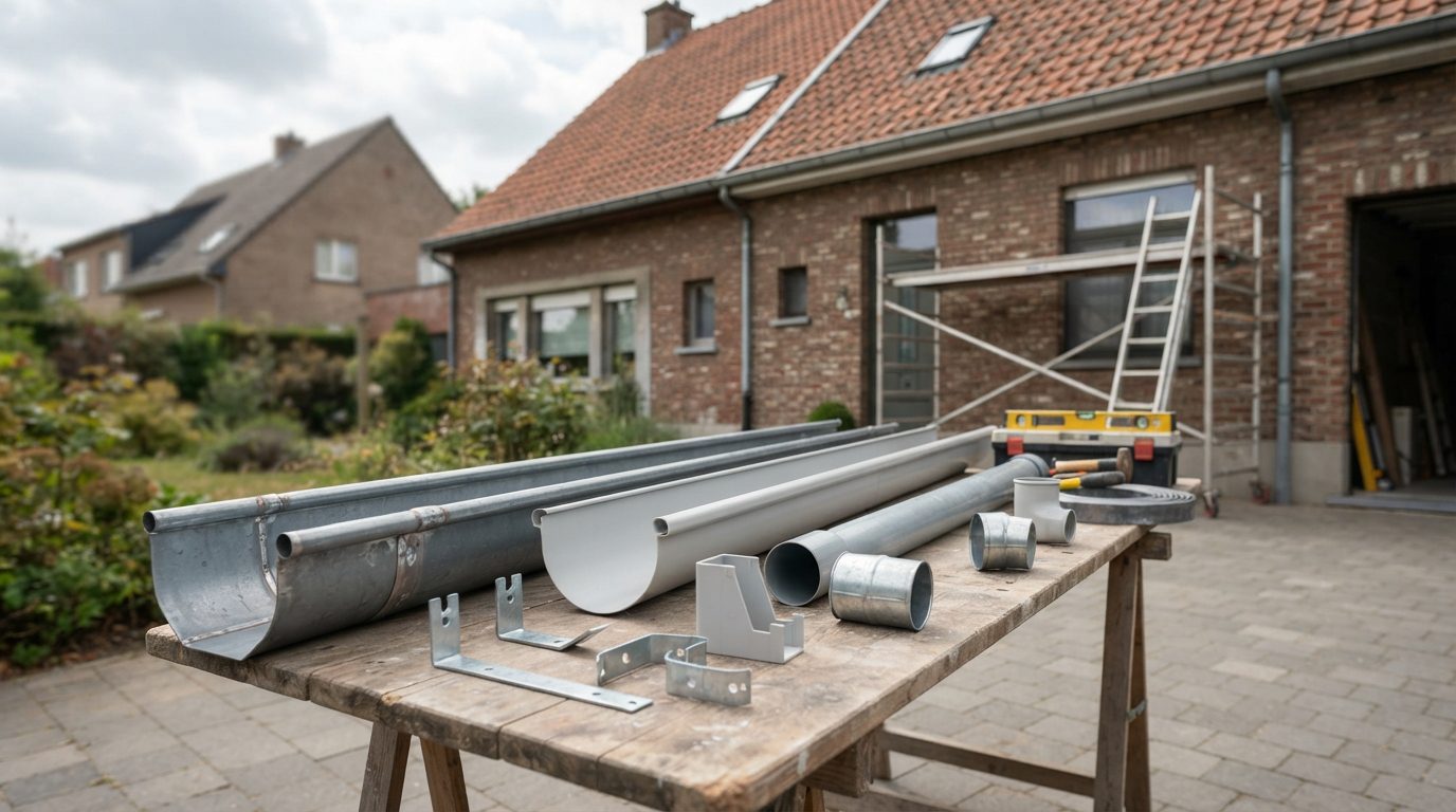 dakgoot-materialen-gent Verschillende materialen voor dakgoten klaar voor plaatsing.