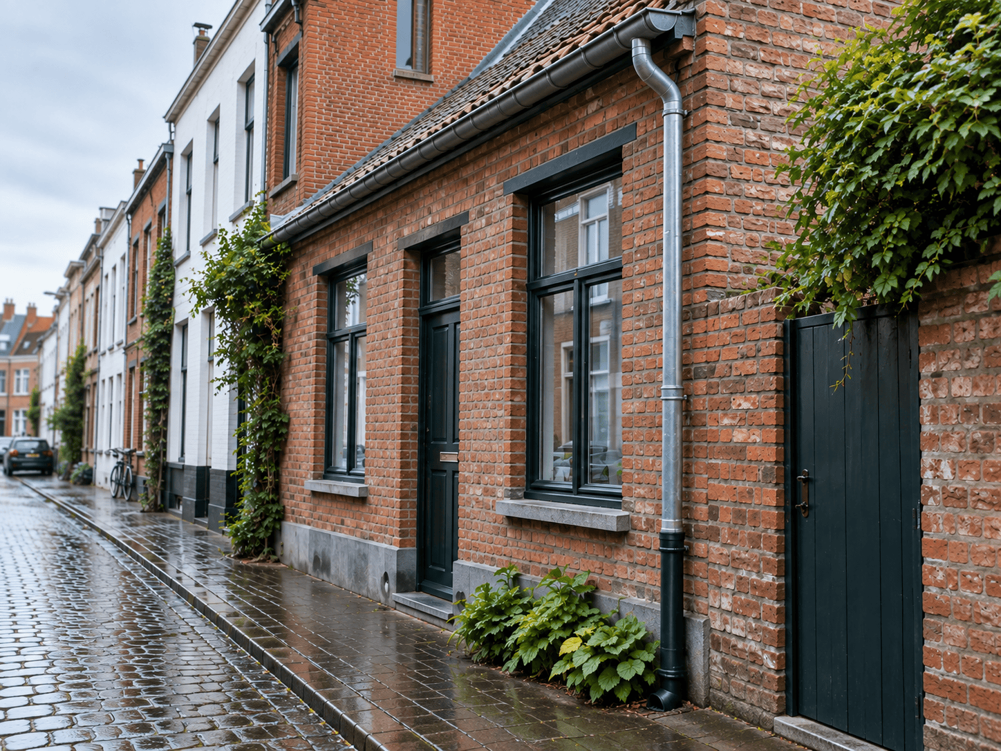 dakgoot-regenwaterafvoer-gent Dakgoot en regenpijp voor de afvoer van regenwater langs een stadswoning.