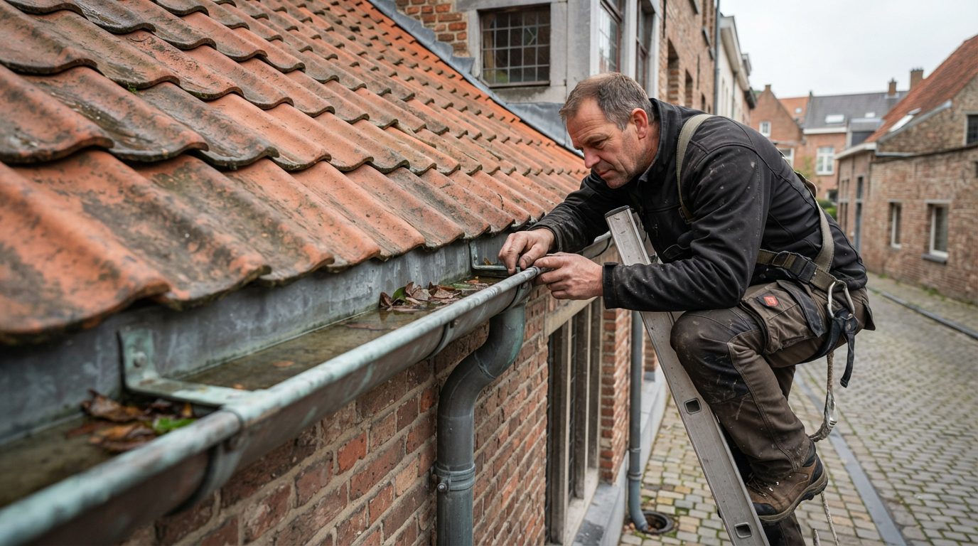 Controle van een zinken dakgoot en regenwaterafvoer aan een Vlaamse rijwoning.