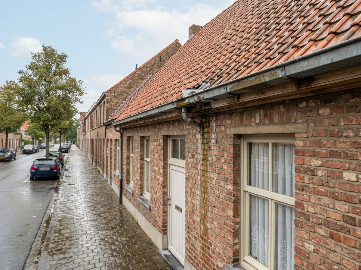 dakgoot-rijwoning-gentbrugge Dakgoot aan een typische rijwoning in Gentbrugge na regenweer.
