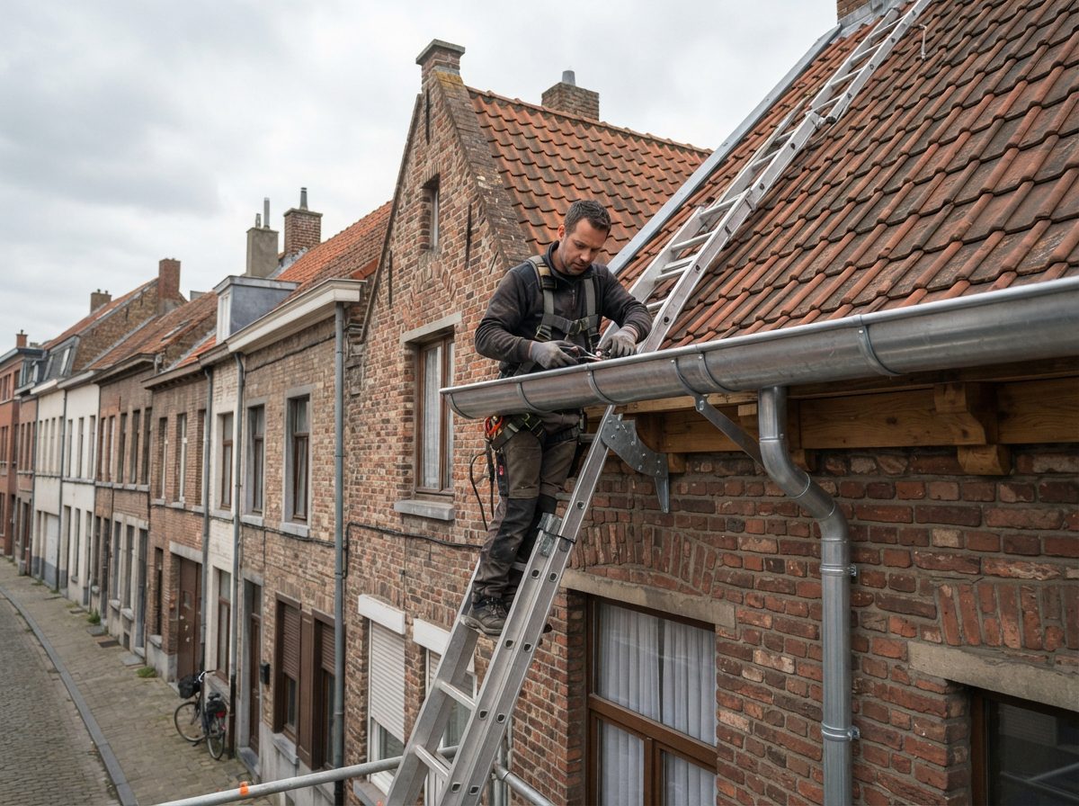 dakgoot-vervangen-gent 2 Dakwerker plaatst een nieuwe zinken dakgoot aan een Gentse rijwoning.