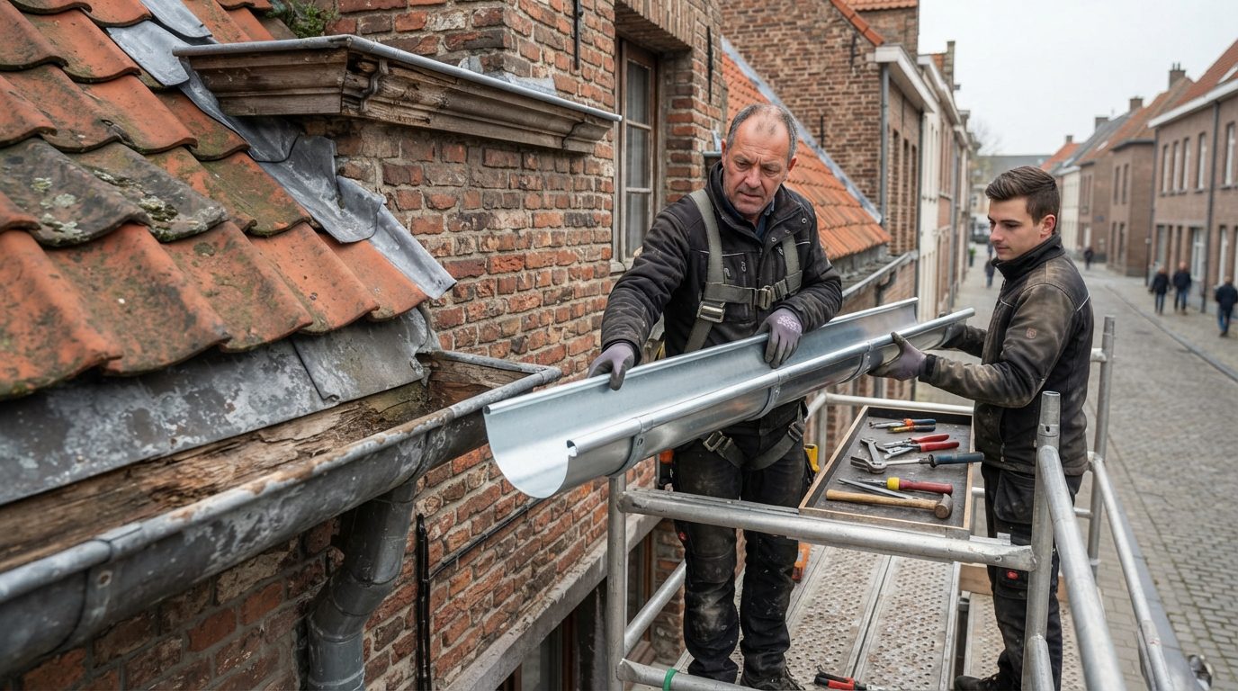 dakgoot-vervangen-gent Oude zinken dakgoot wordt vervangen aan een Gentse rijwoning.