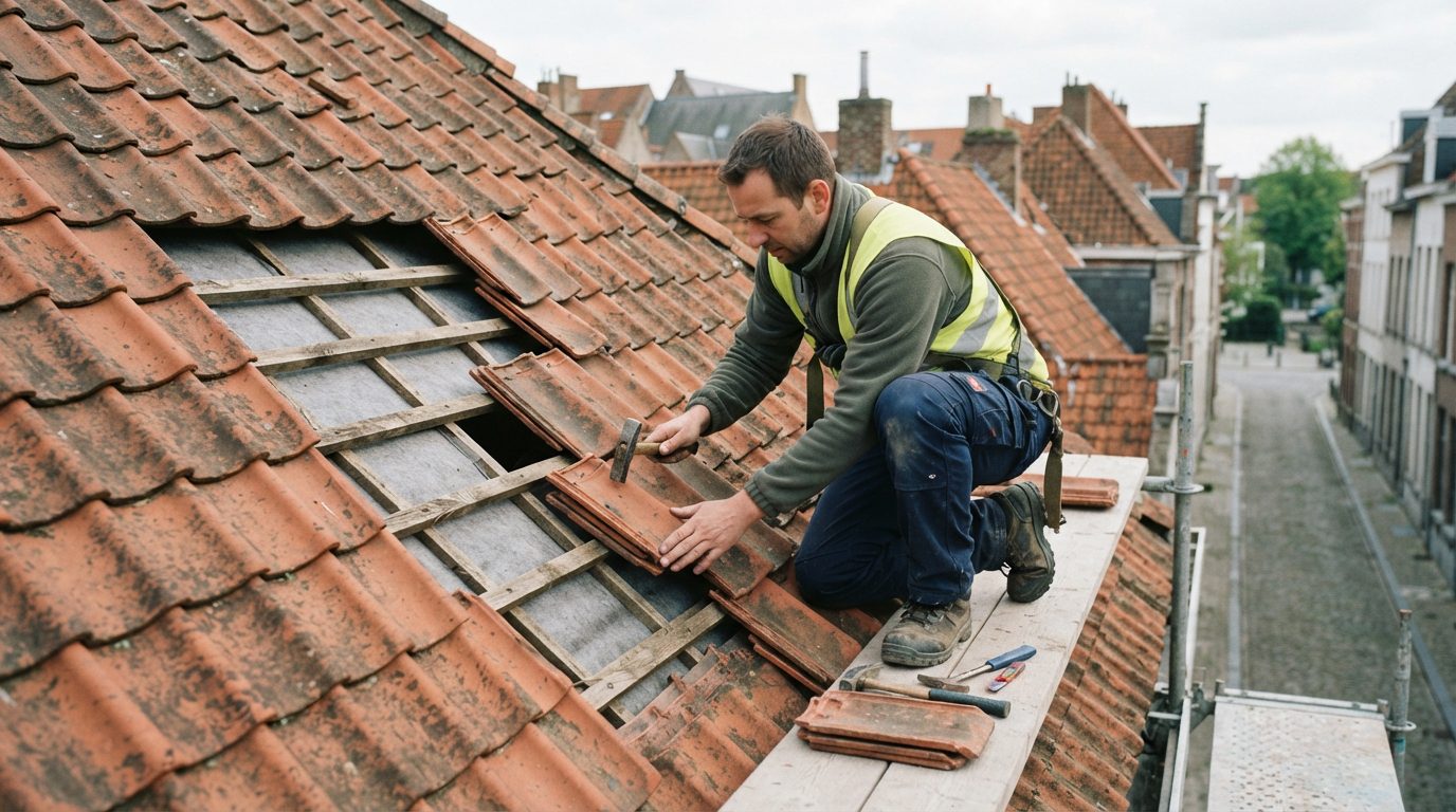 dakherstelling-pannendak-gent Dakwerker herstelt dakpannen op een hellend dak.