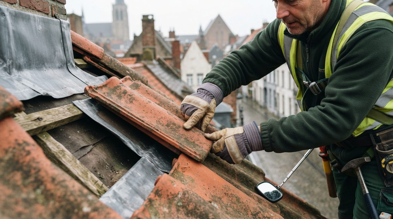 dakinspectie-dakpannen-gent Dakwerker controleert zorgvuldig de toestand van dakpannen.