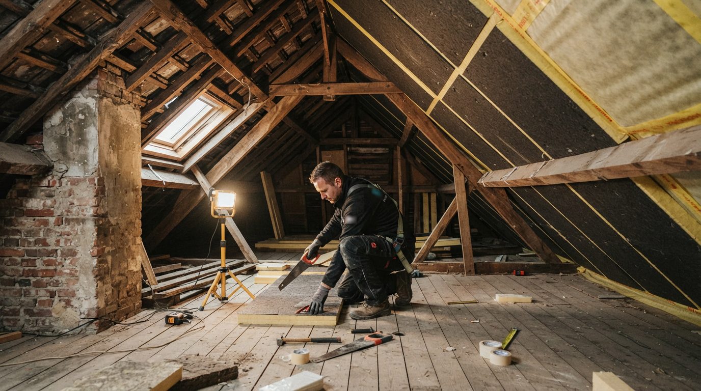 Dakisolatie wordt tussen de houten dakconstructie van een oudere woning geplaatst.