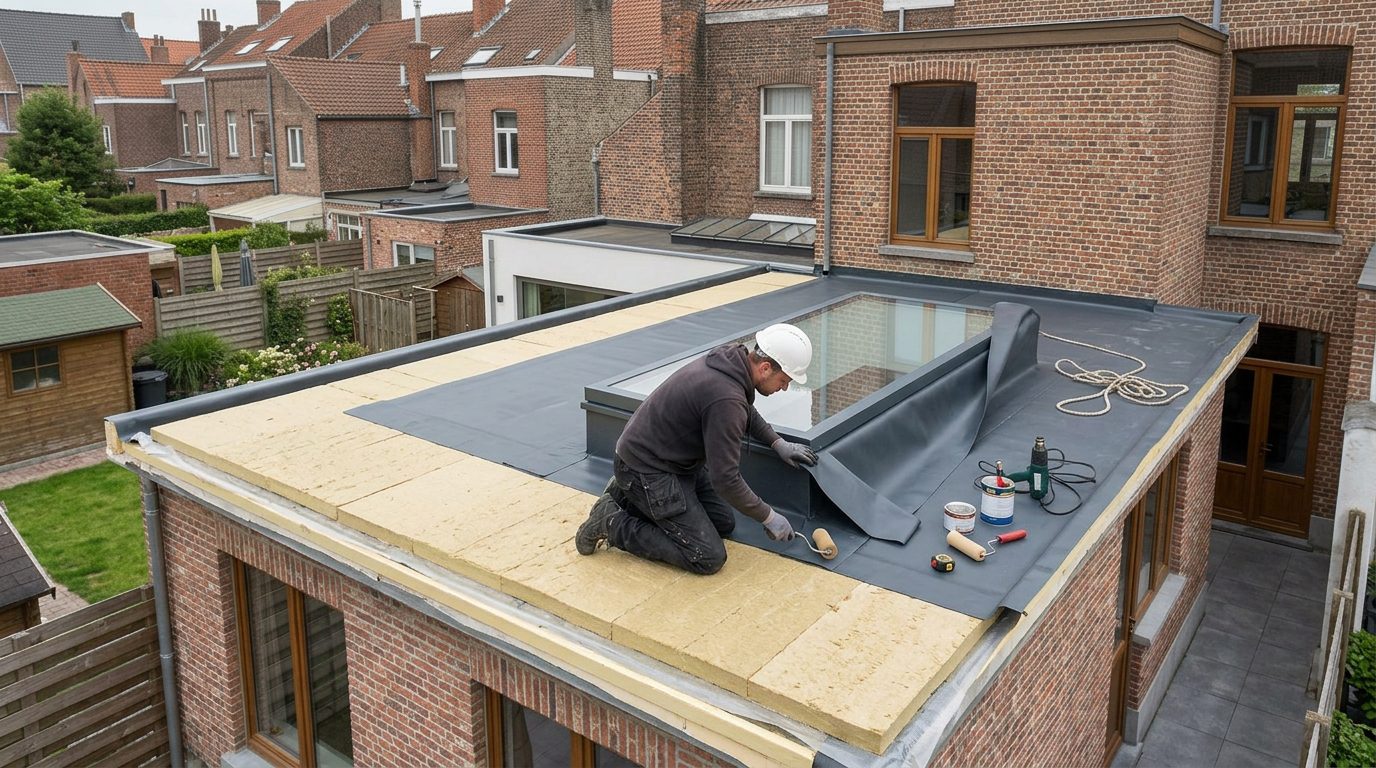 dakisolatie-lichtkoepel-premie-gent Dakrenovatie met nieuwe isolatie en een lichtkoepel op een woning in Gent.