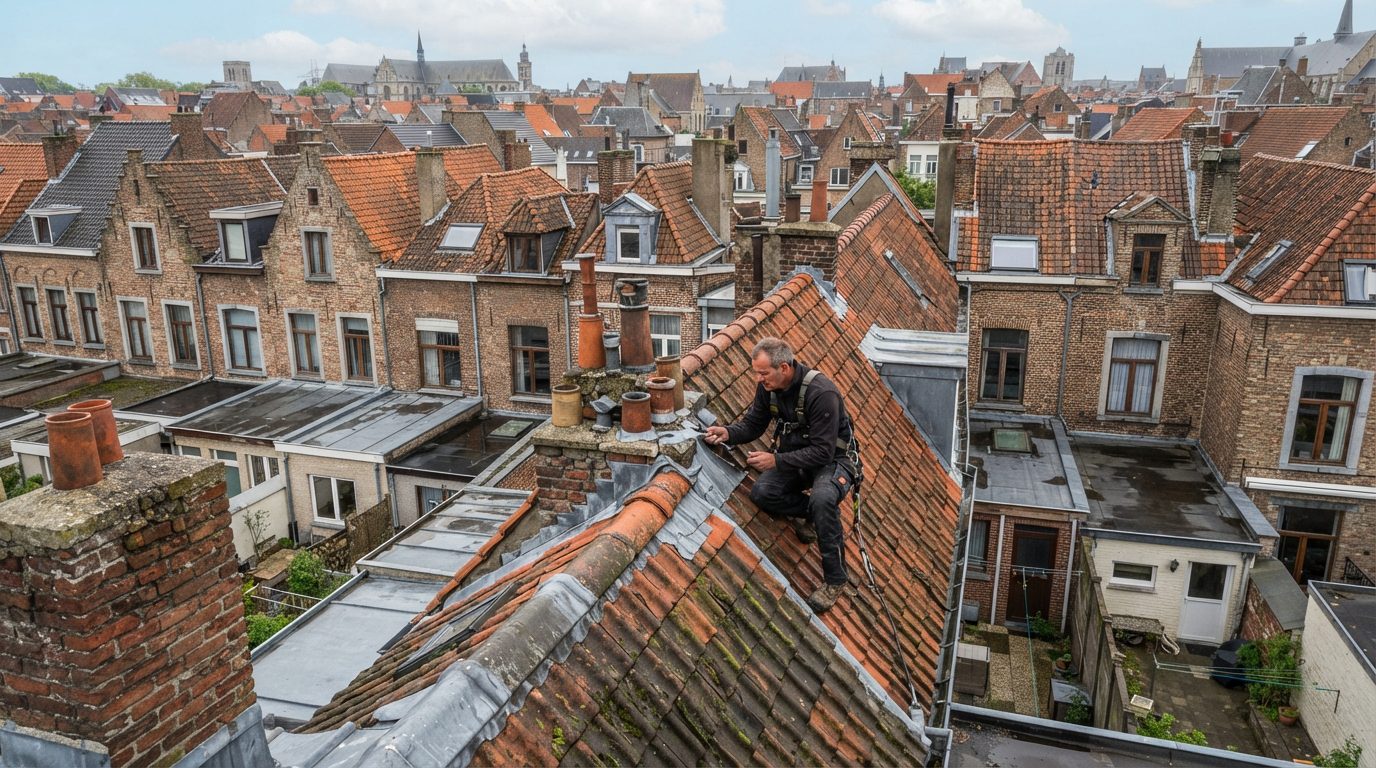 Dakinspectie tussen aaneengesloten daken van oudere Gentse stadswoningen.