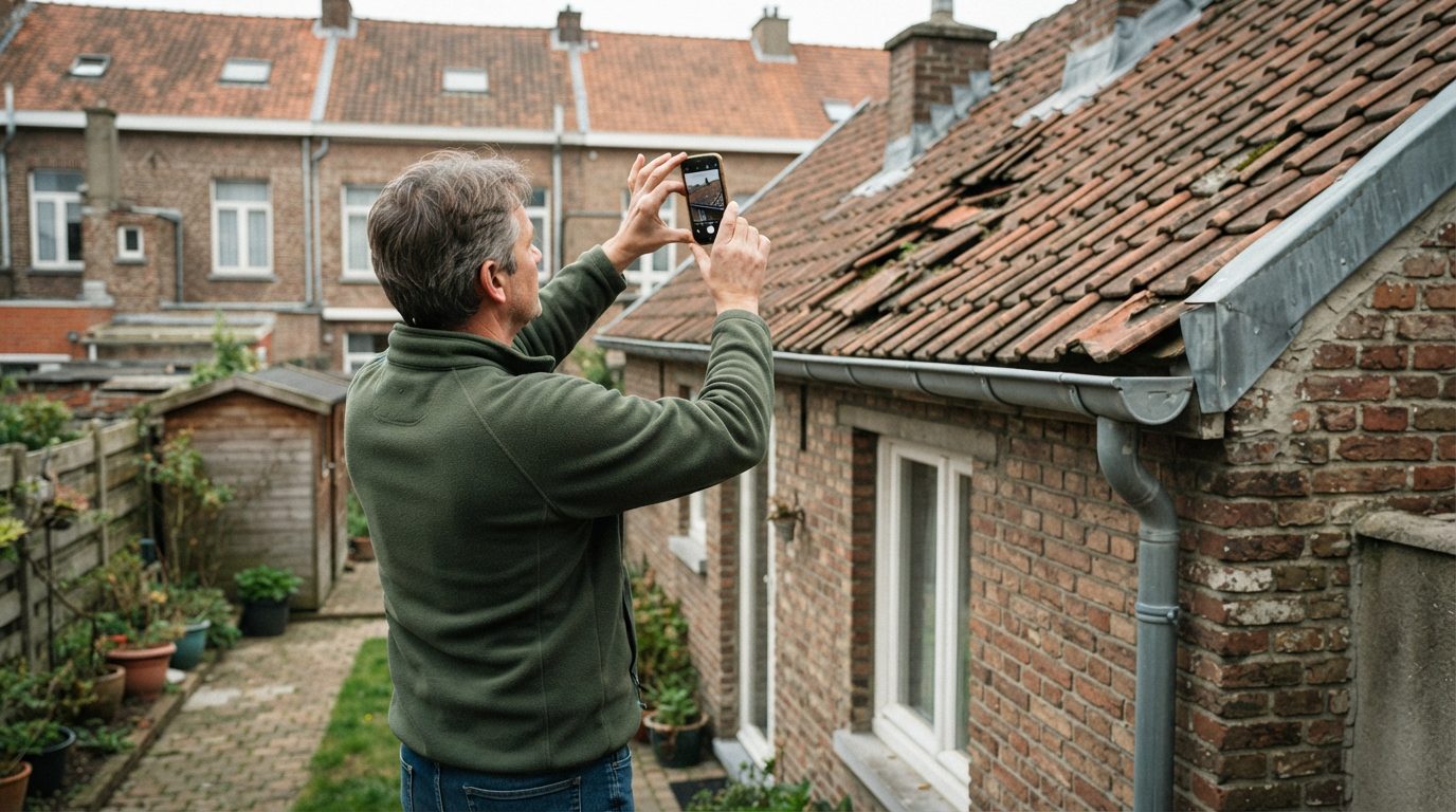 dakprobleem-foto-aanvraag-gent Bewoner maakt een foto van het dak om de situatie duidelijk te tonen.