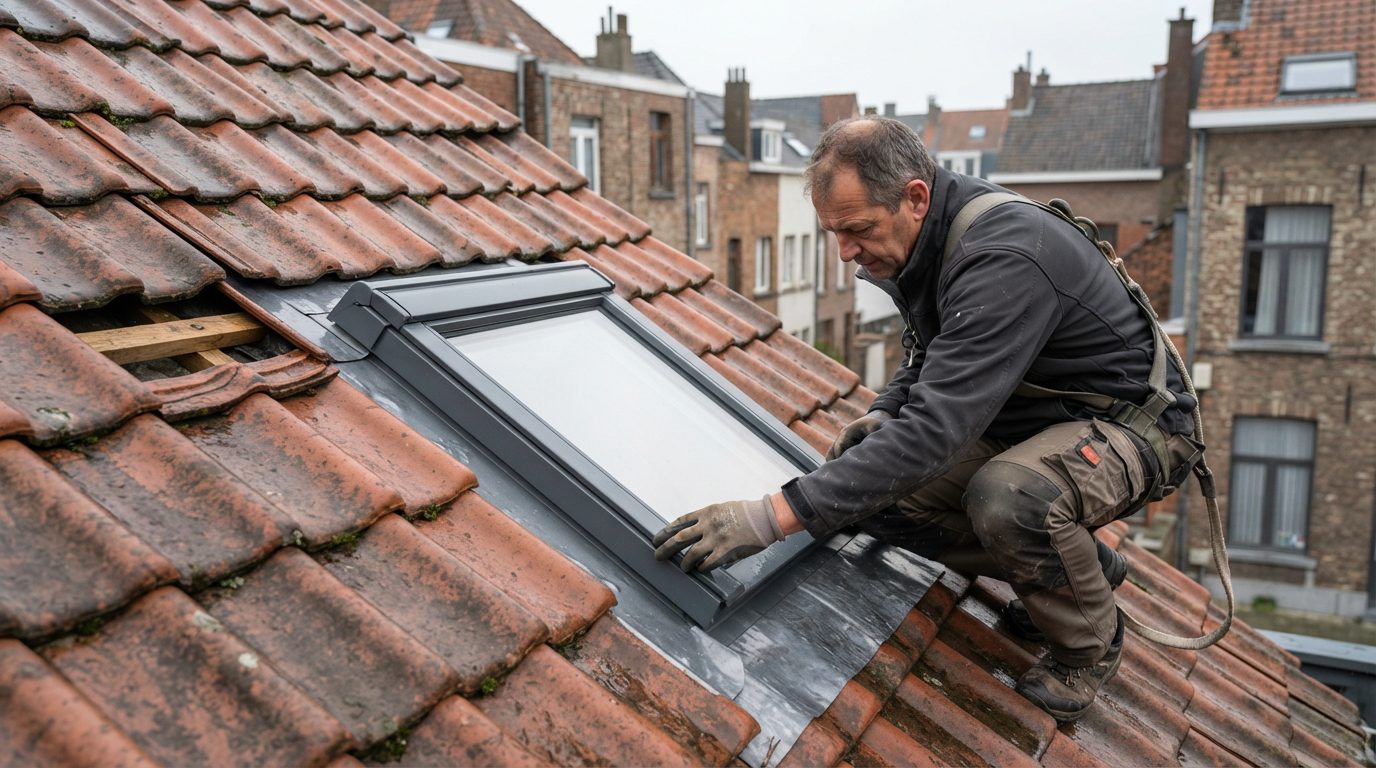 Dakwerker controleert de aansluiting rond een dakraam en de omliggende dakpannen.