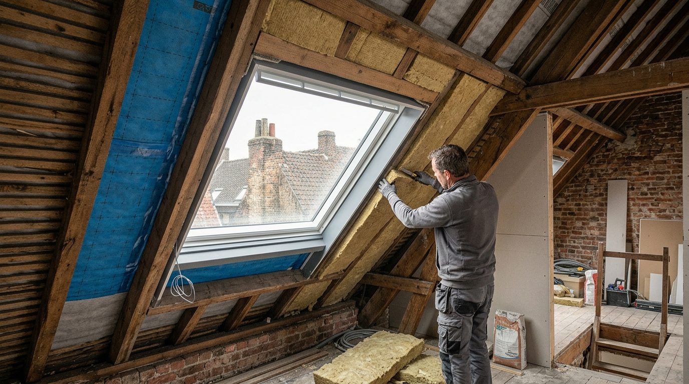 dakraam-dakisolatie-gent Dakisolatie wordt zorgvuldig aangesloten rond een dakraam.