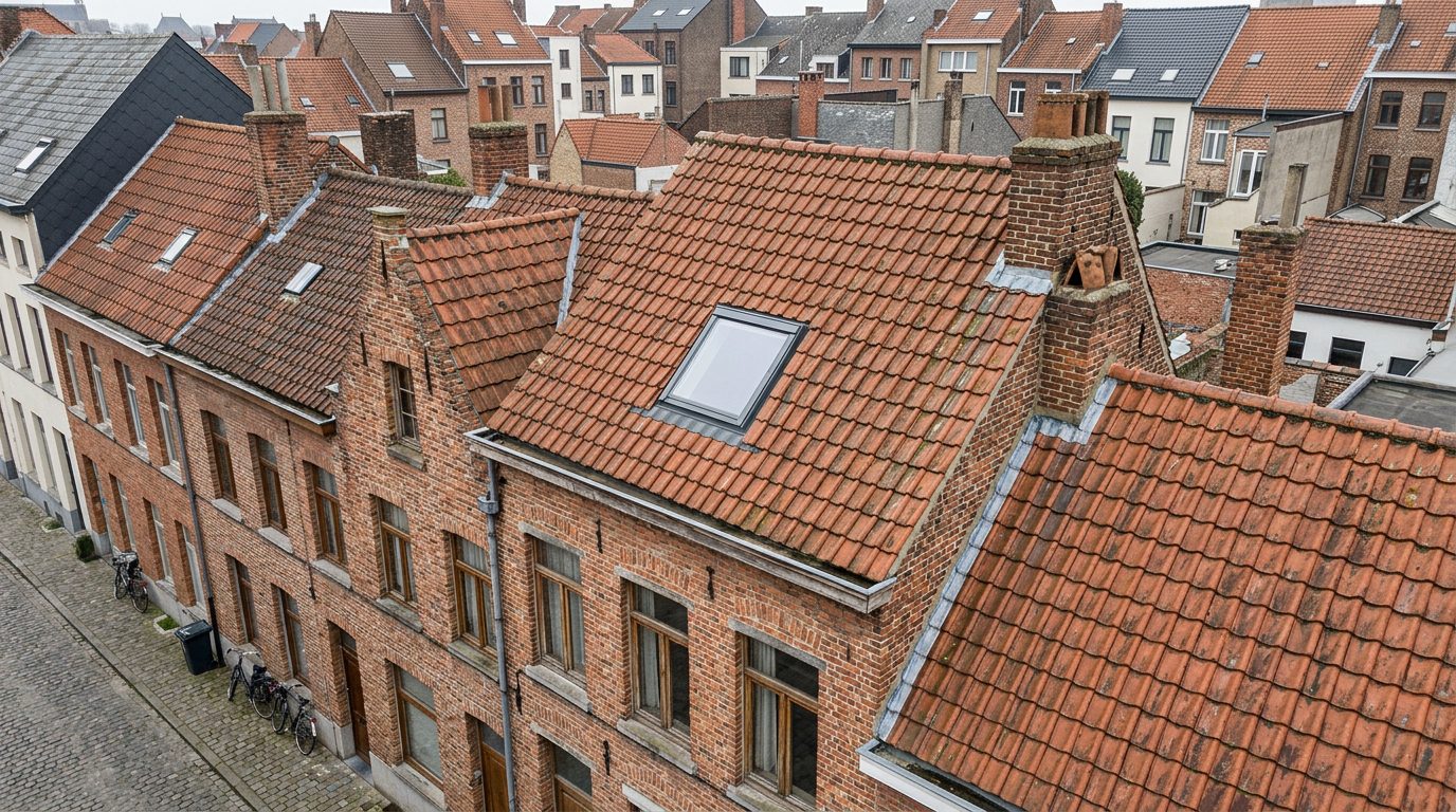 dakraam-oudere-rijwoning-gent Dakraam in het hellende pannendak van een oudere rijwoning.