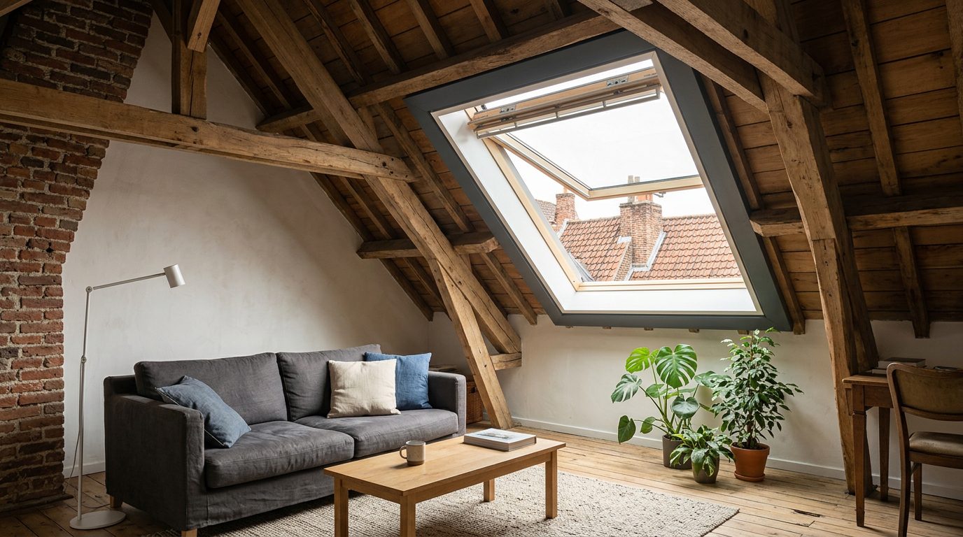 dakraam-zolder-gent Dakraam brengt natuurlijk daglicht binnen in een afgewerkte zolderkamer.