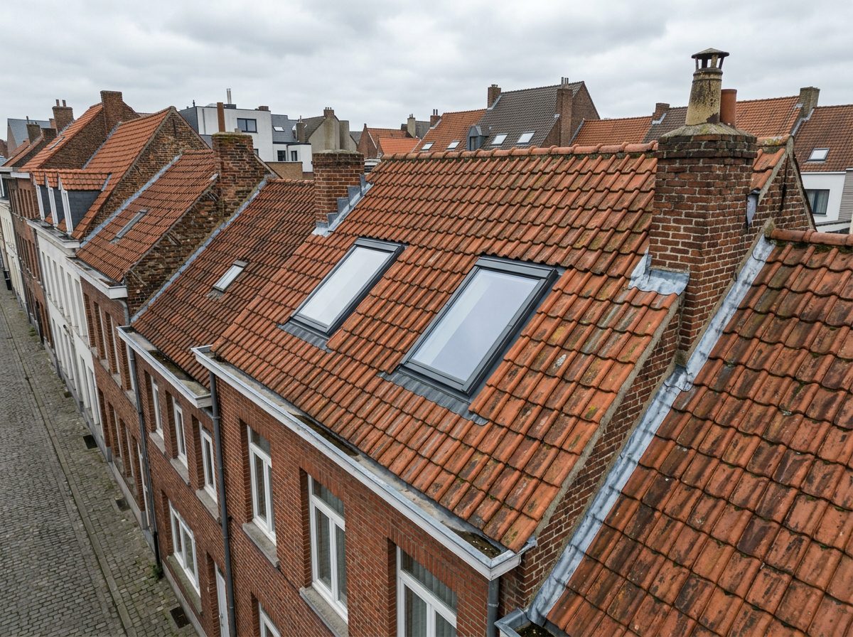 dakramen-gent-rijwoning Twee dakramen in het hellende pannendak van een Gentse rijwoning.
