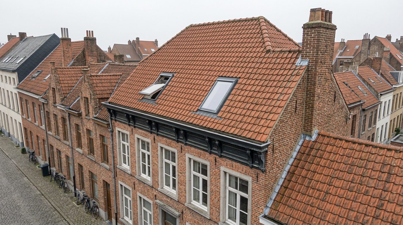dakramen-herenhuis-gent Dakwerker inspecteert een plaatselijke beschadiging in EPDM.
