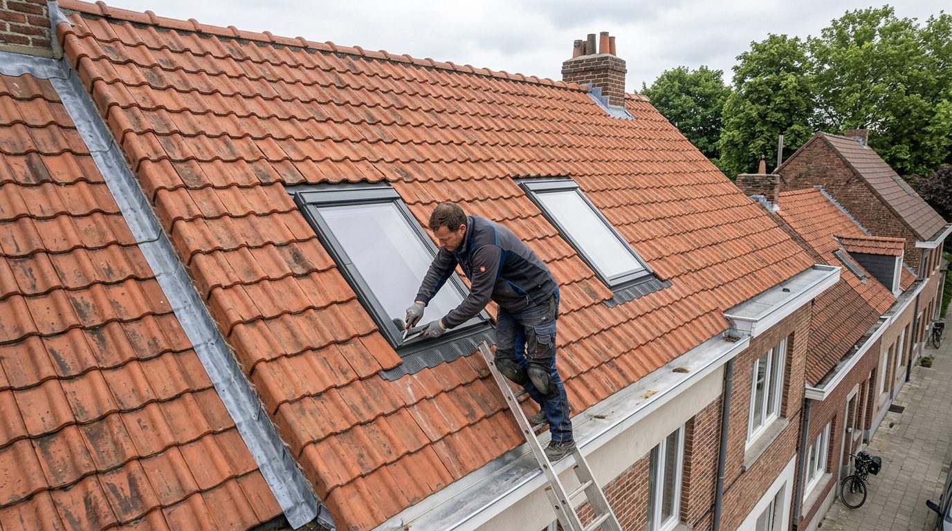 dakramen-laten-plaatsen-gent Afgewerkt pannendak met twee professioneel geplaatste dakramen.