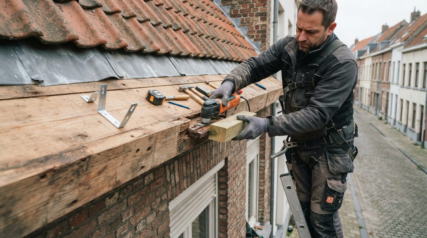 dakrand-voorbereiden-nieuwe-dakgoot-gent Dakwerker bereidt de houten dakrand voor op de plaatsing van een nieuwe dakgoot.