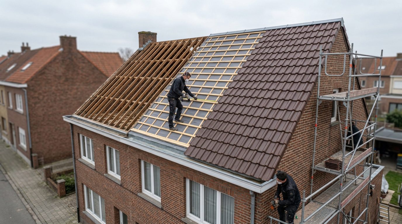 Nieuwe geïsoleerde dakopbouw nadat de oude dakbedekking is verwijderd.