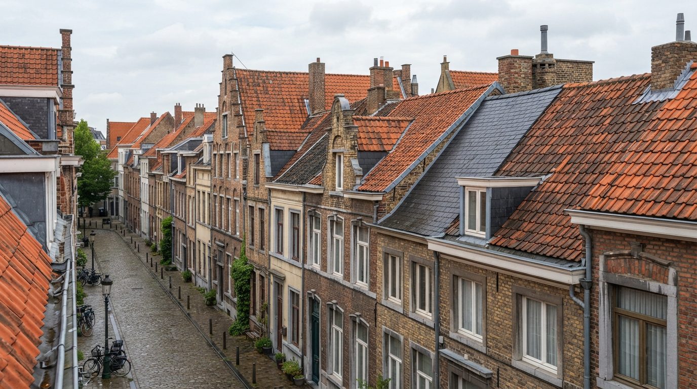 dakwerken-gent-woningen-daken Typische Gentse stadswoningen met verzorgde hellende daken.