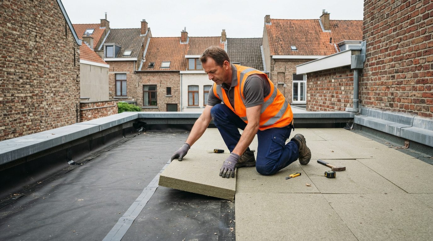 dampscherm-dakisolatie-plat-dak Plaatsing van isolatieplaten boven het dampscherm van een plat dak.