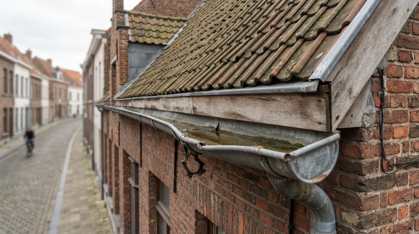 doorhangende-dakgoot-gent Dakgoot die plaatselijk doorhangt aan een rijwoning.
