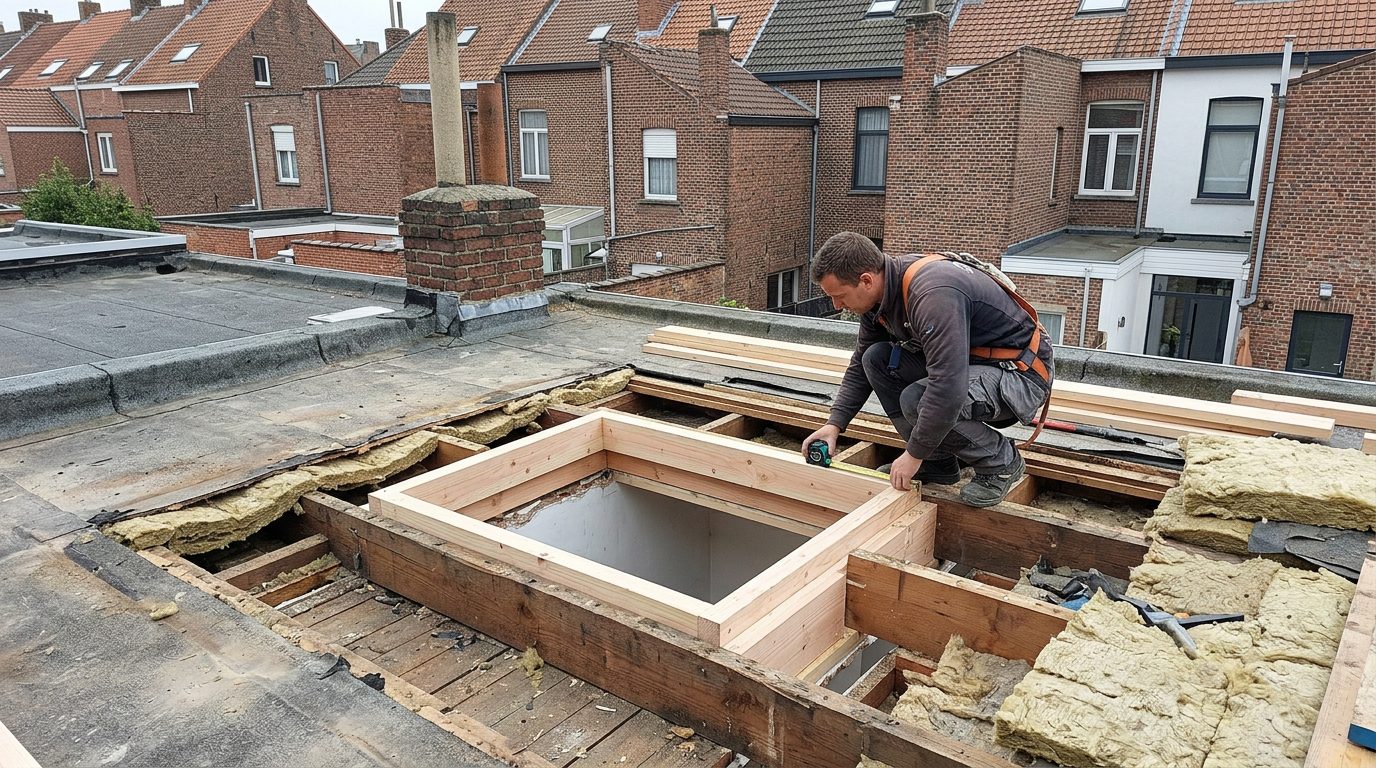 draagstructuur-lichtstraat-plat-dak-gent Controle van de houten draagstructuur rond een opening voor een lichtstraat.