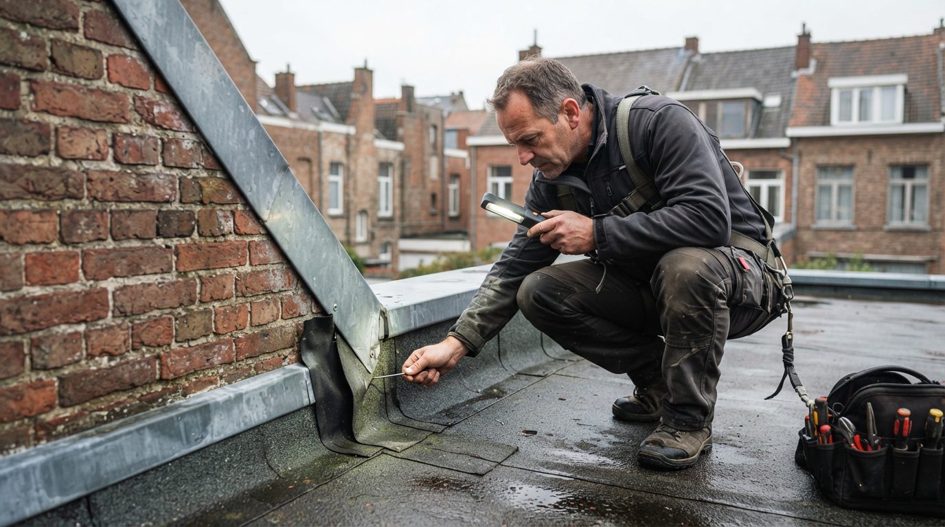 Gerichte inspectie van een verdachte aansluiting op een plat dak.