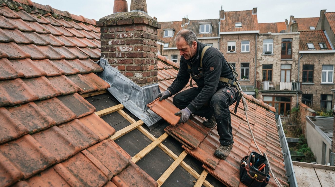 Dakwerker voert een gerichte reparatie uit aan een lokaal probleem in een pannendak.